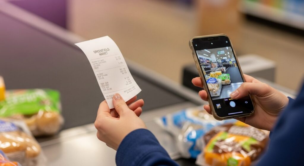A shopper at a supermarket counter holding a standard store receipt and a smartphone, ready to photograph the receipt to claim a loyalty reward.