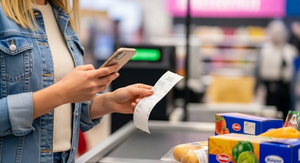 A shopper photographing a till receipt with her smartphone at a supermarket checkout counter