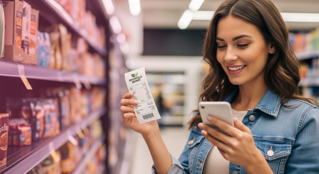 A shopper in a supermarket holds a receipt and her phone, claiming a receipt reward after an in-store purchase