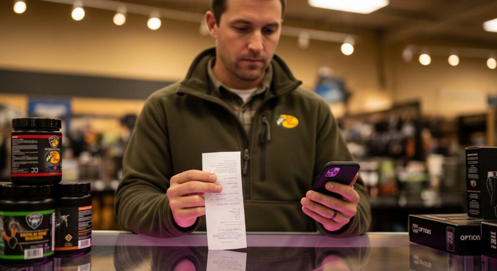A shopper uploading a retail receipt on his phone at a sporting goods store counter to enter a receipt rewards campaign