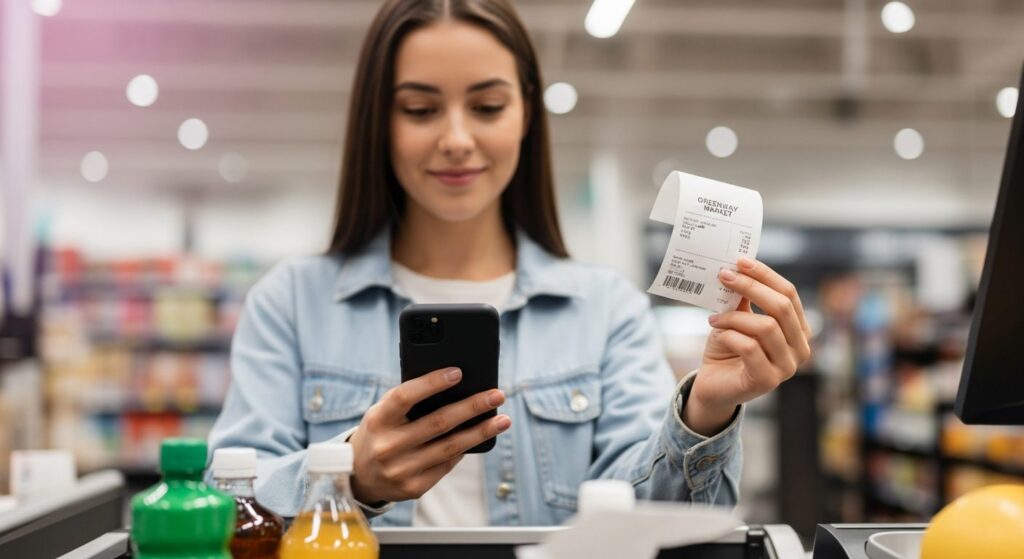 Shopper at a supermarket checkout holding a receipt and phone, reviewing a loyalty reward on her screen