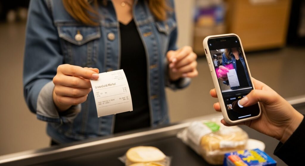 Shopper photographing a store receipt with her smartphone at a supermarket checkout counter